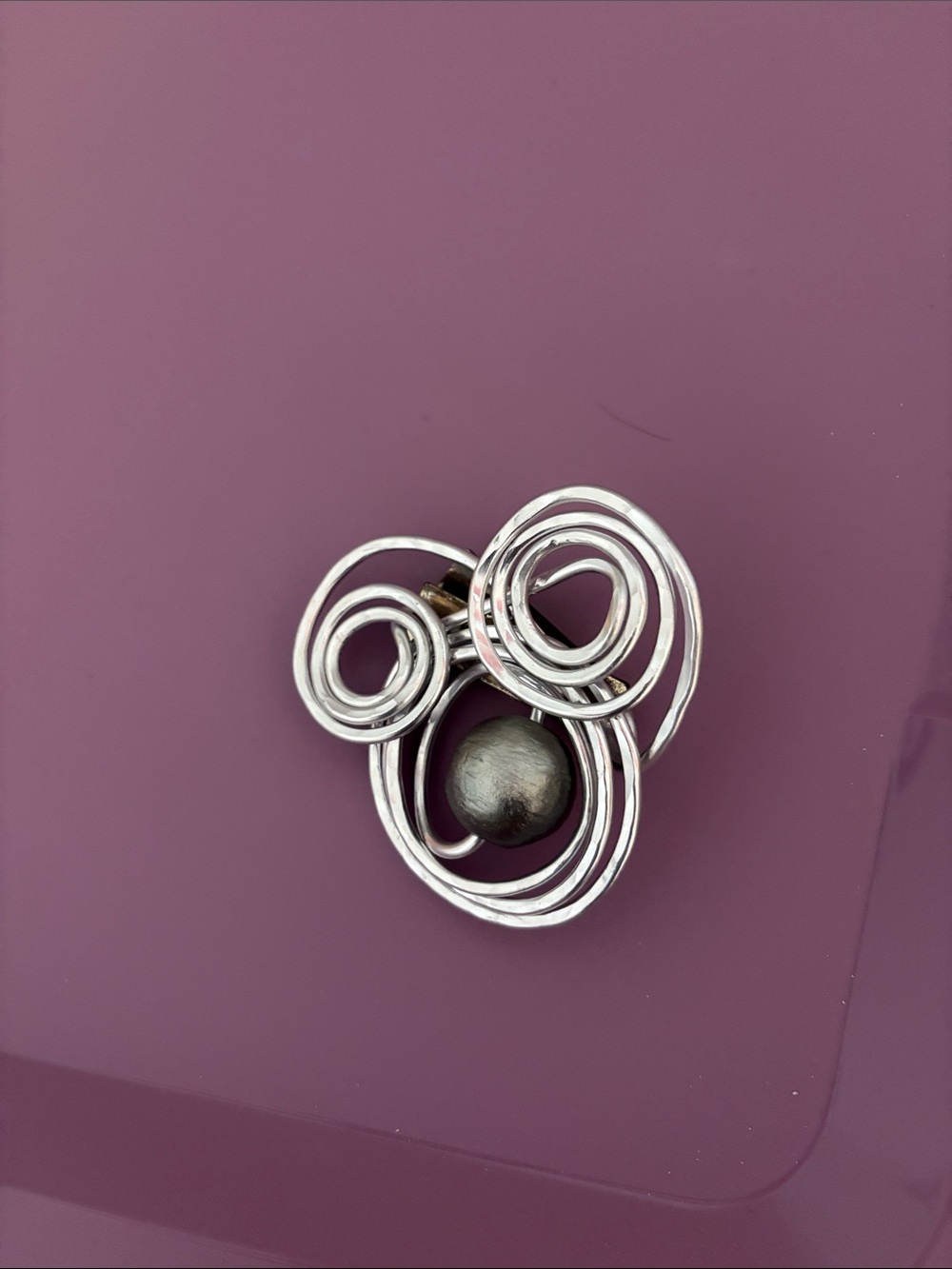 Silver Spiral Brooch with Dark Gray Pearl Accent